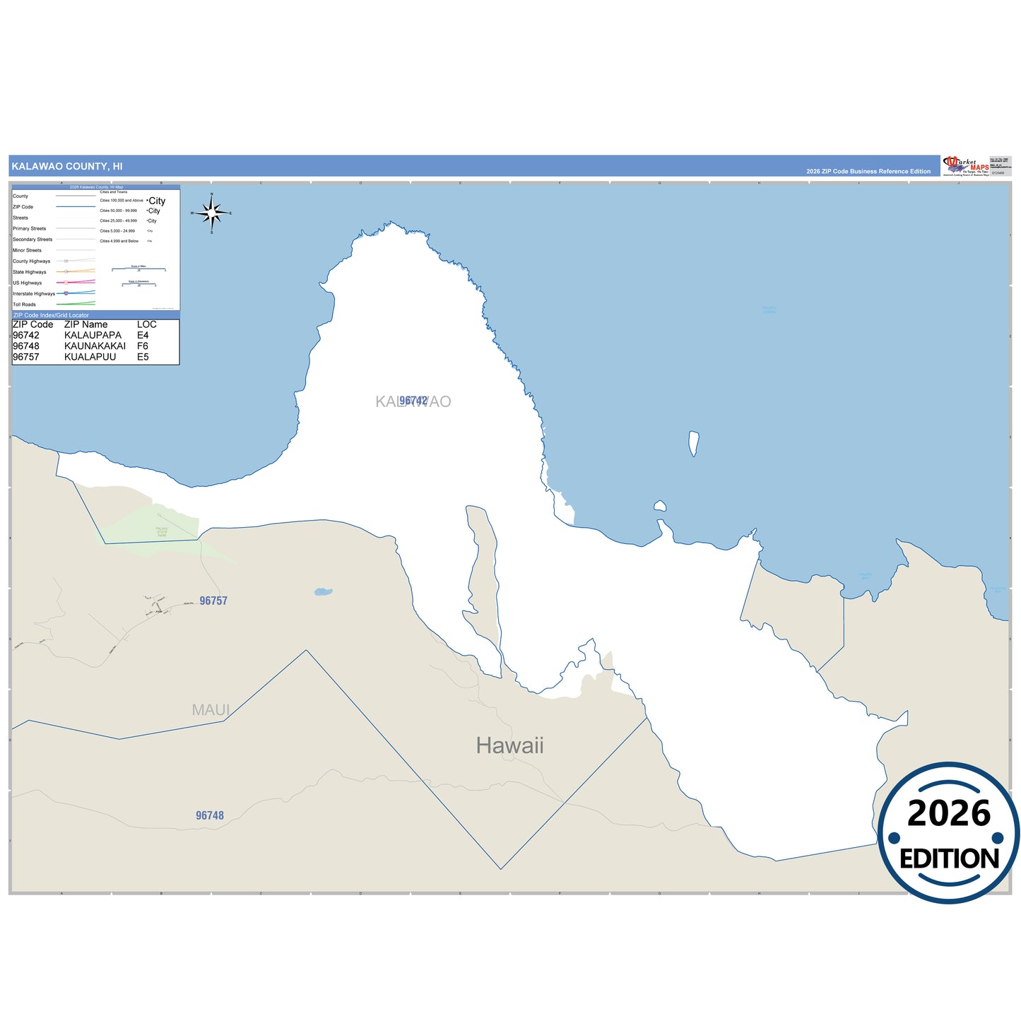 Kalawao County, HI Business Reference 5 Digit ZIP Code Wall Map