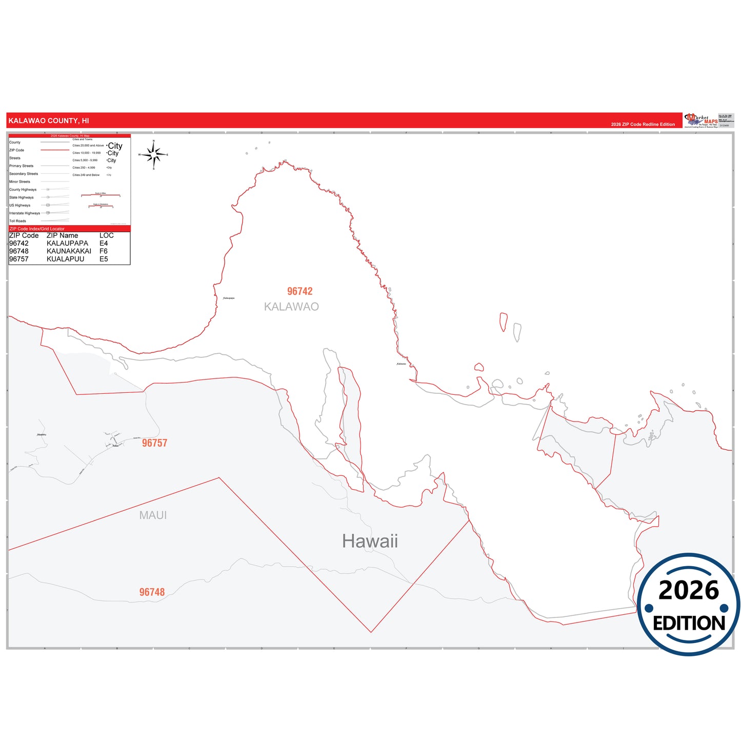 Kalawao County, HI Red Line 5 Digit ZIP Code Wall Map
