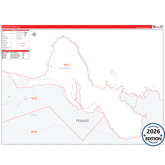 Kalawao County, HI Red Line 5 Digit ZIP Code Wall Map