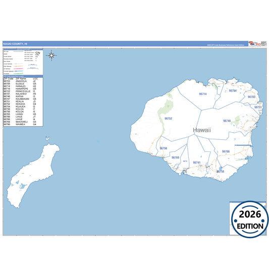 Kauai County, HI Business Reference 5 Digit ZIP Code Wall Map