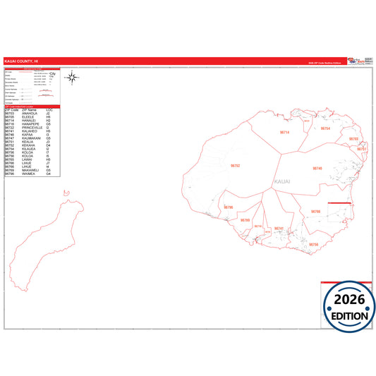 Kauai County, HI Red Line 5 Digit ZIP Code Wall Map