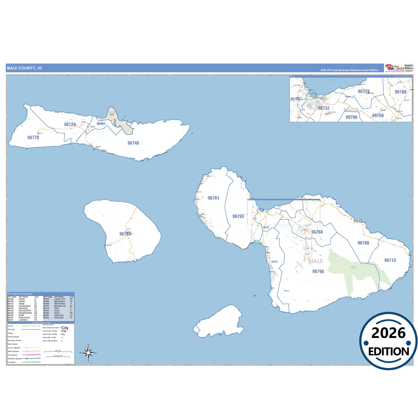 Maui County, HI Business Reference 5 Digit ZIP Code Wall Map