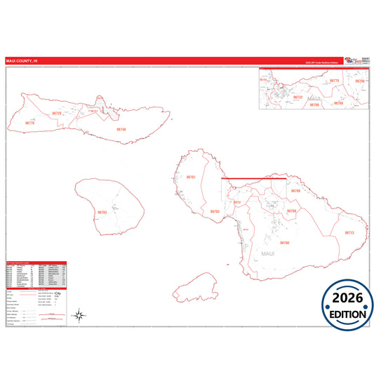 Maui County, HI Red Line 5 Digit ZIP Code Wall Map