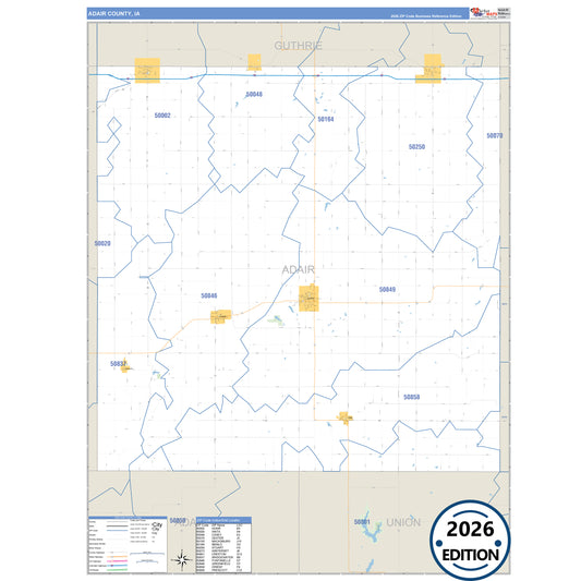 Adair County, IA Business Reference 5 Digit ZIP Code Wall Map