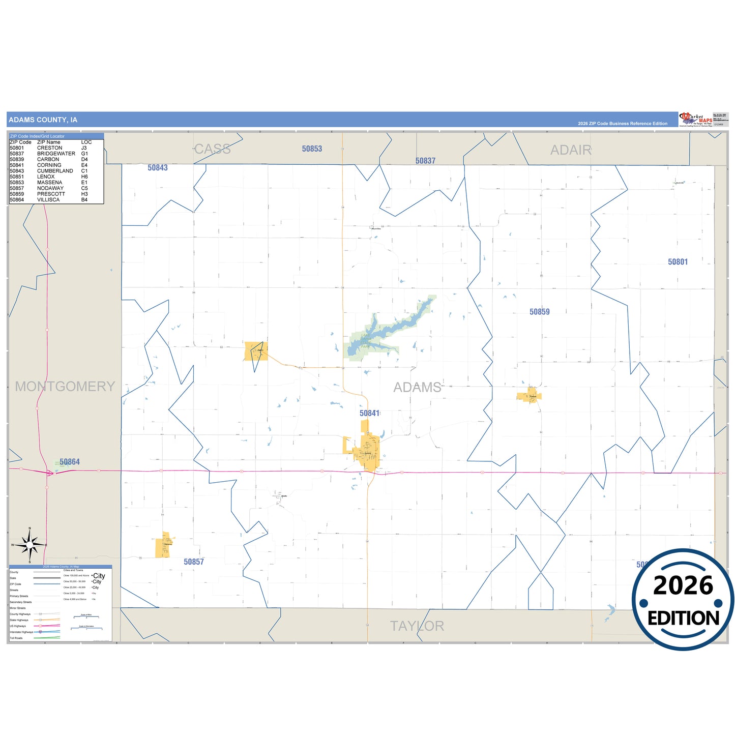 Adams County, IA Business Reference 5 Digit ZIP Code Wall Map