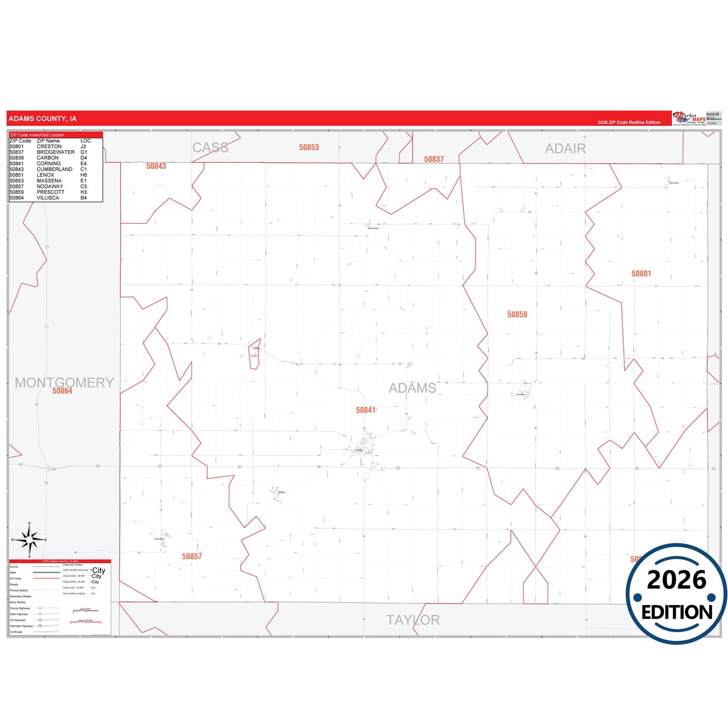Adams County, IA Red Line 5 Digit ZIP Code Wall Map