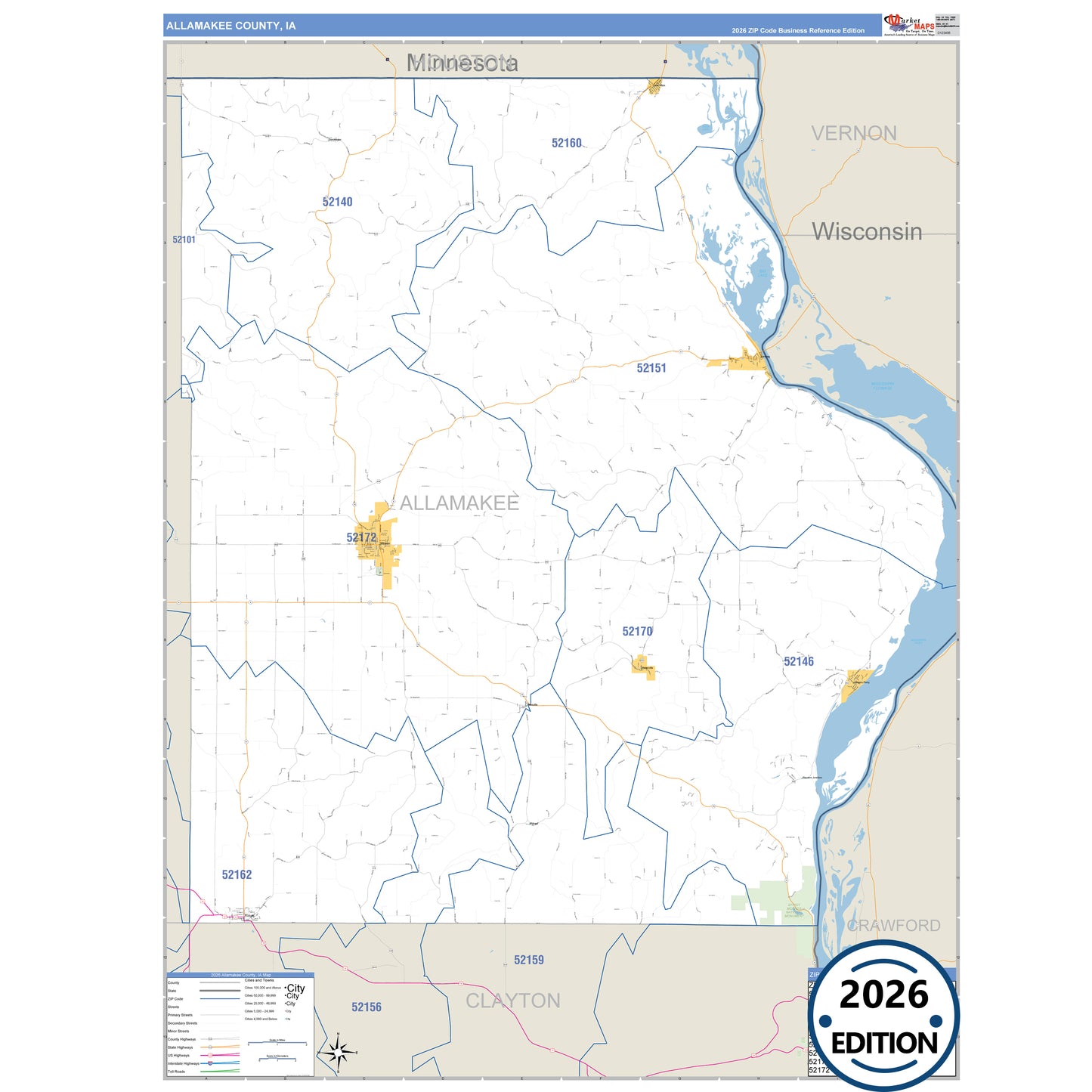 Allamakee County, IA Business Reference 5 Digit ZIP Code Wall Map