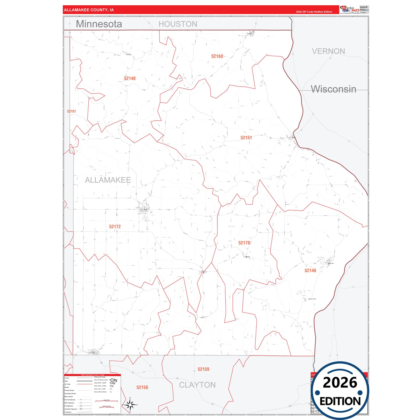 Allamakee County, IA Red Line 5 Digit ZIP Code Wall Map