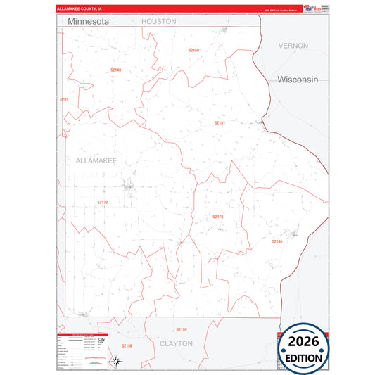 Allamakee County, IA Red Line 5 Digit ZIP Code Wall Map