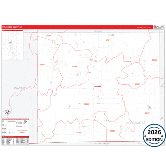 Appanoose County, IA Red Line 5 Digit ZIP Code Wall Map
