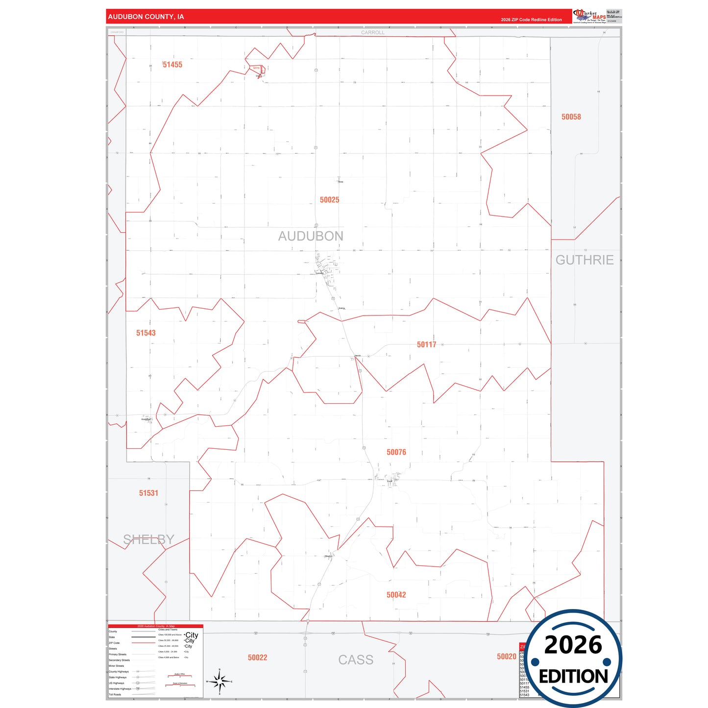 Audubon County, IA Red Line 5 Digit ZIP Code Wall Map