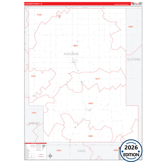 Audubon County, IA Red Line 5 Digit ZIP Code Wall Map