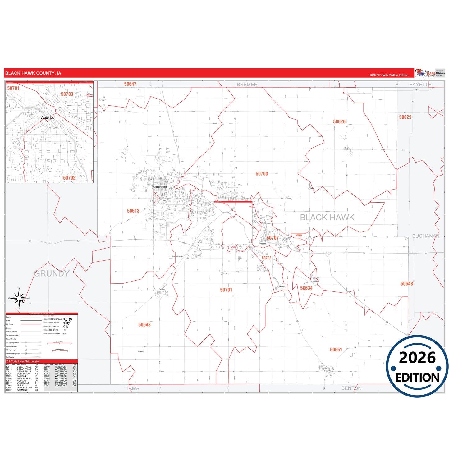Black Hawk County, IA Red Line 5 Digit ZIP Code Wall Map