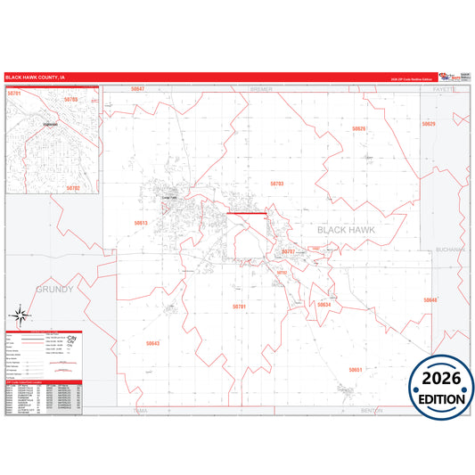 Black Hawk County, IA Red Line 5 Digit ZIP Code Wall Map