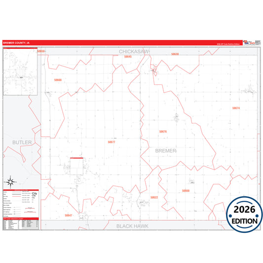 Bremer County, IA Red Line 5 Digit ZIP Code Wall Map