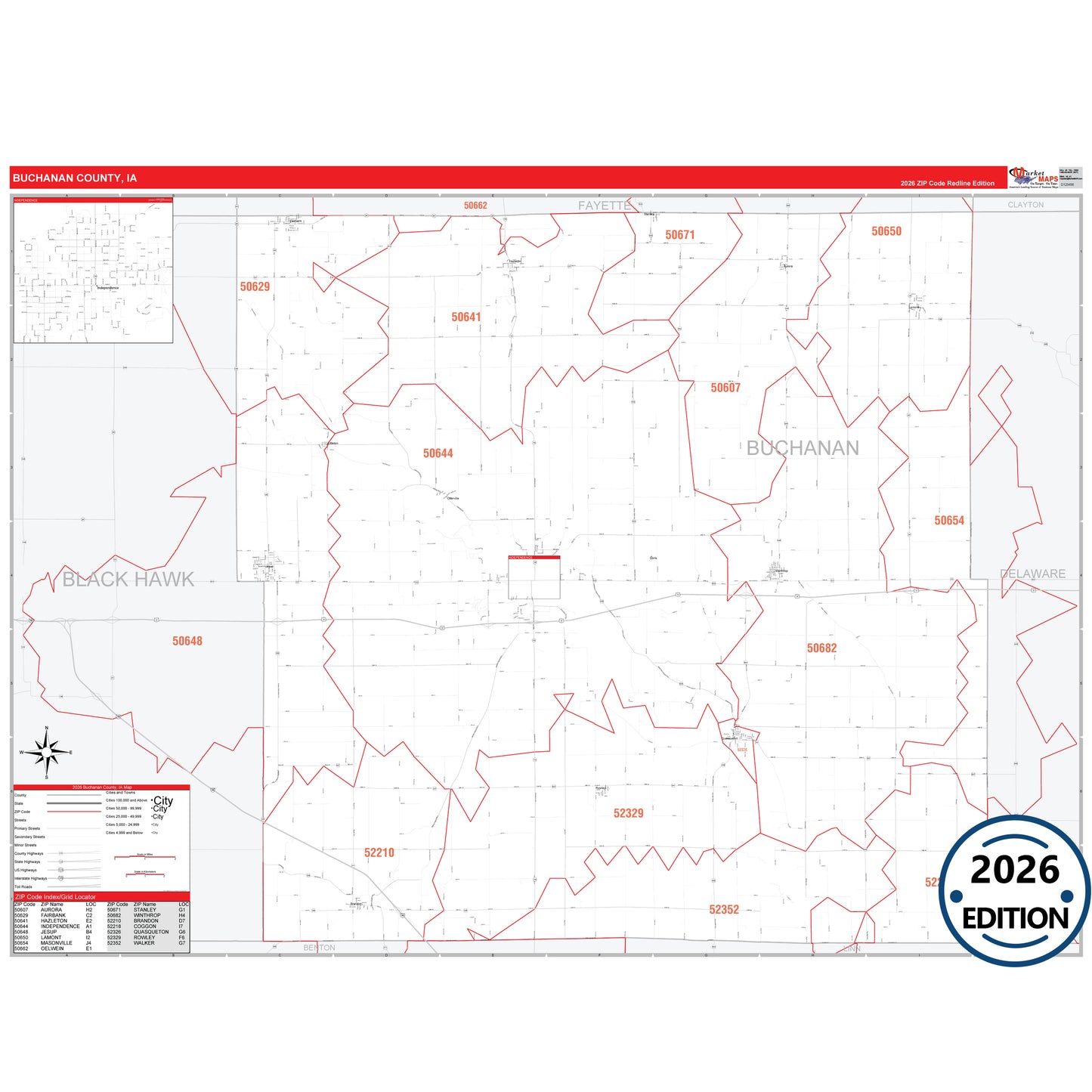 Buchanan County, IA Red Line 5 Digit ZIP Code Wall Map