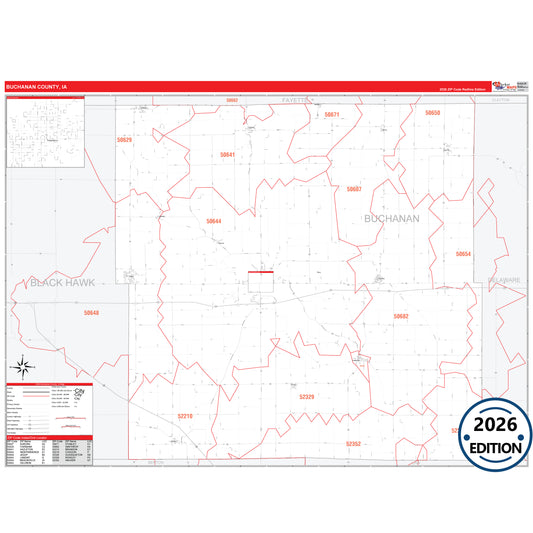 Buchanan County, IA Red Line 5 Digit ZIP Code Wall Map