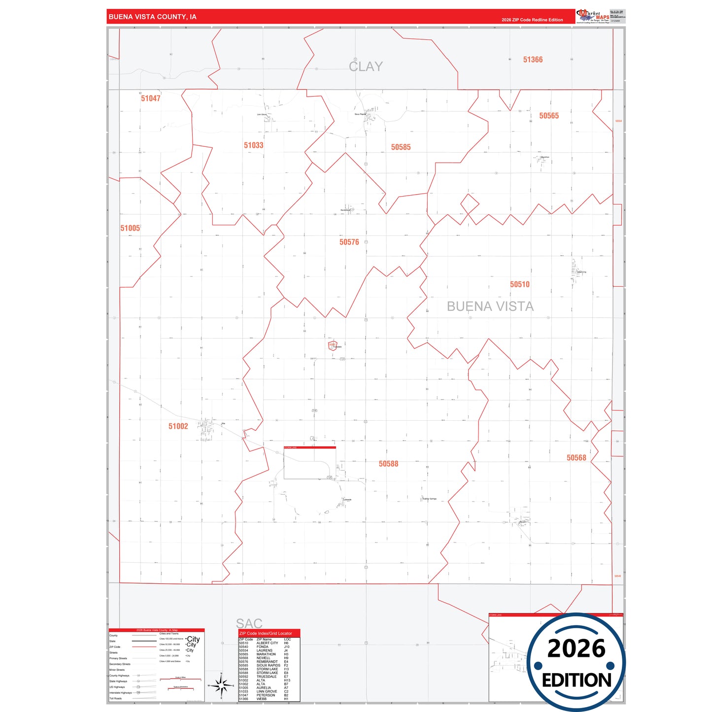 Buena Vista County, IA Red Line 5 Digit ZIP Code Wall Map