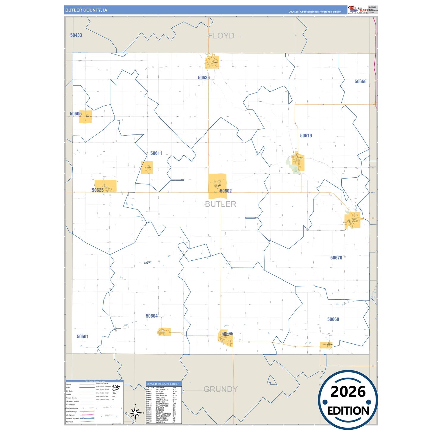 Butler County, IA Business Reference 5 Digit ZIP Code Wall Map