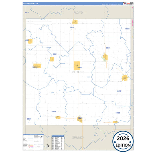 Butler County, IA Business Reference 5 Digit ZIP Code Wall Map