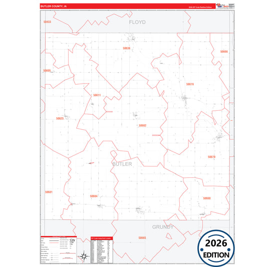 Butler County, IA Red Line 5 Digit ZIP Code Wall Map