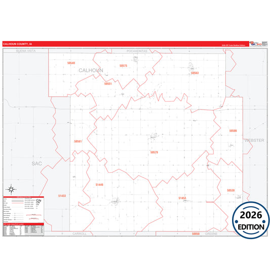 Calhoun County, IA Red Line 5 Digit ZIP Code Wall Map