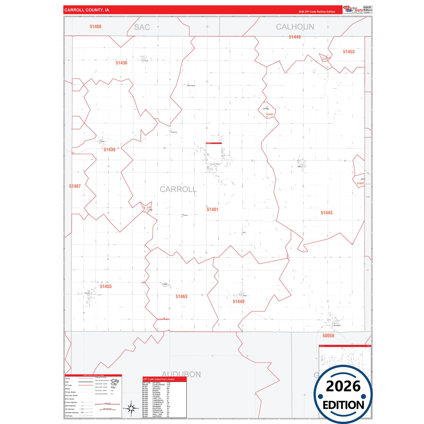 Carroll County, IA Red Line 5 Digit ZIP Code Wall Map
