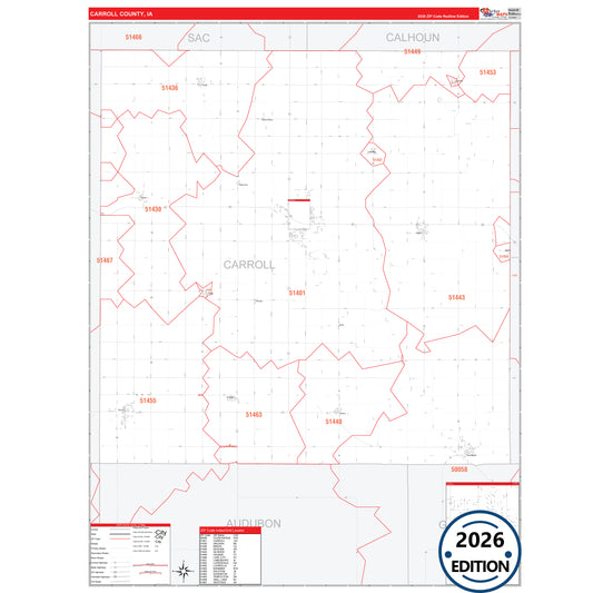 Carroll County, IA Red Line 5 Digit ZIP Code Wall Map