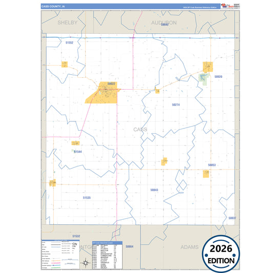 Cass County, IA Business Reference 5 Digit ZIP Code Wall Map