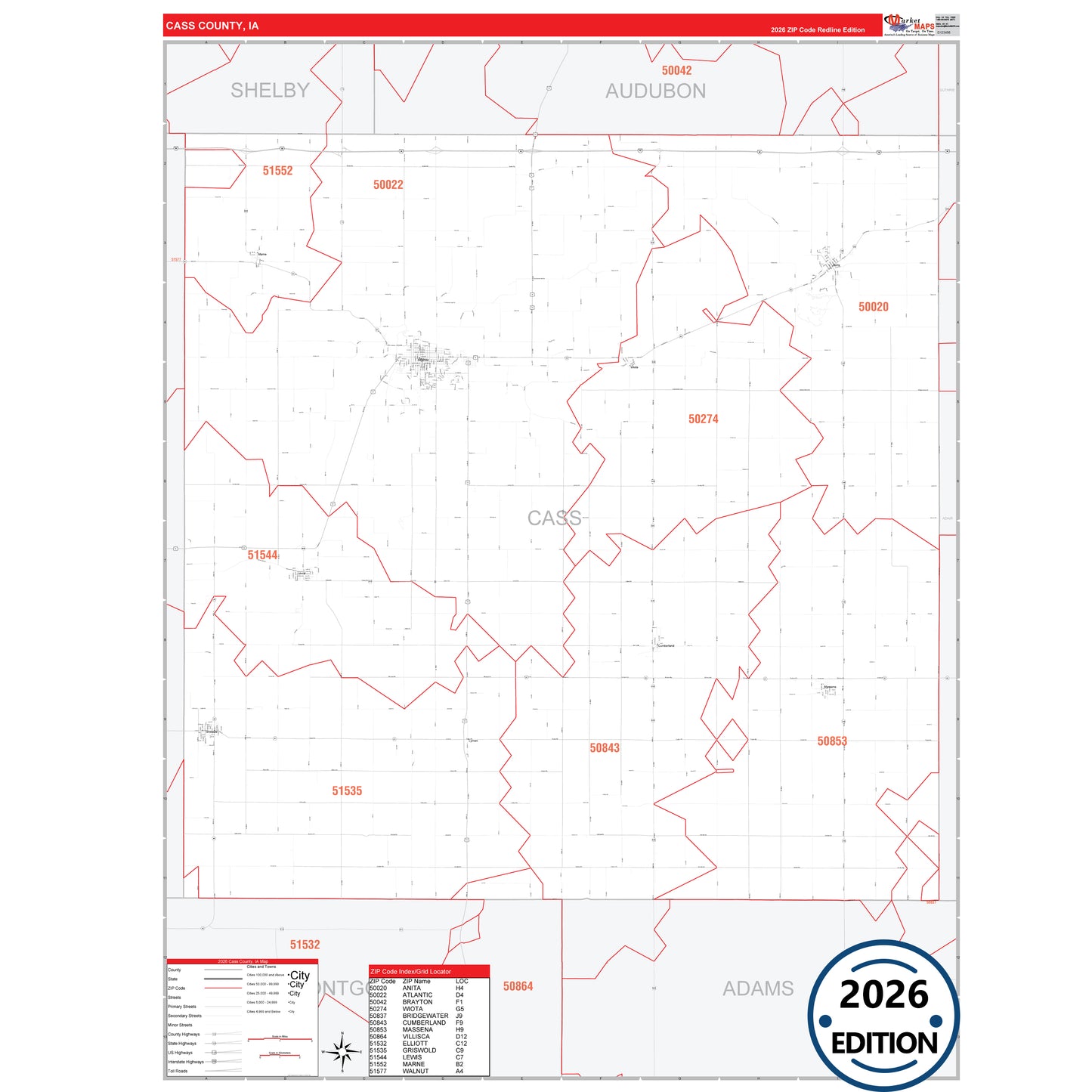 Cass County, IA Red Line 5 Digit ZIP Code Wall Map