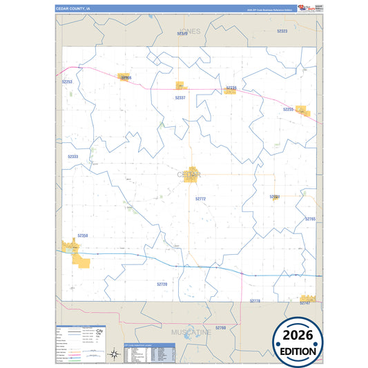 Cedar County, IA Business Reference 5 Digit ZIP Code Wall Map