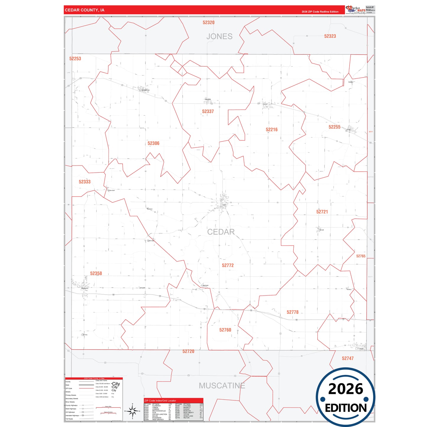 Cedar County, IA Red Line 5 Digit ZIP Code Wall Map