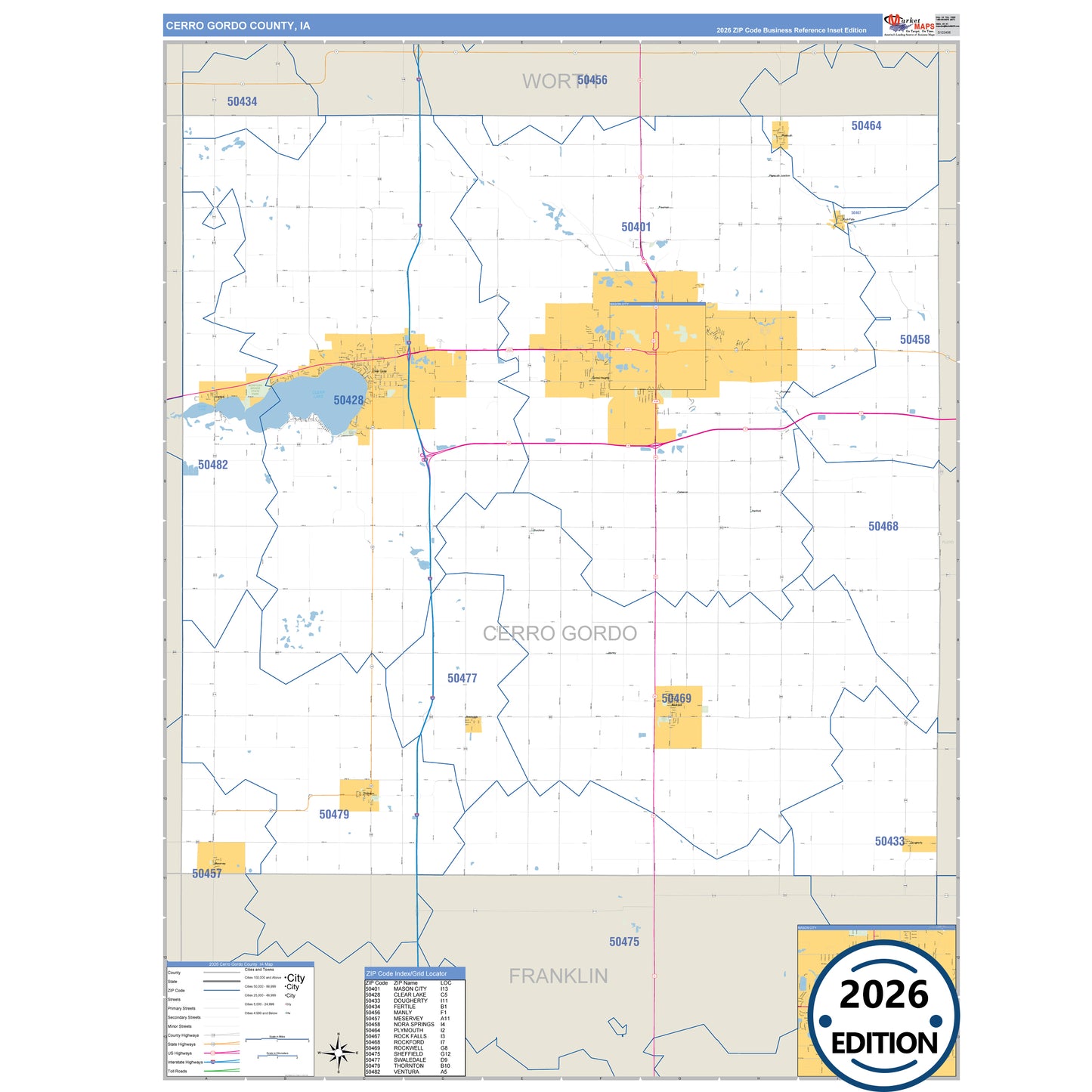 Cerro Gordo County, IA Business Reference 5 Digit ZIP Code Wall Map