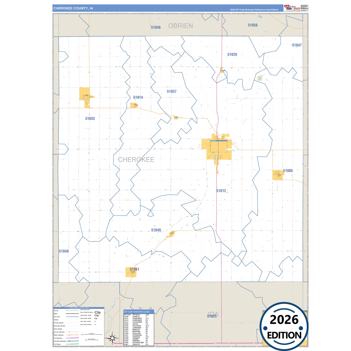 Cherokee County, IA Business Reference 5 Digit ZIP Code Wall Map