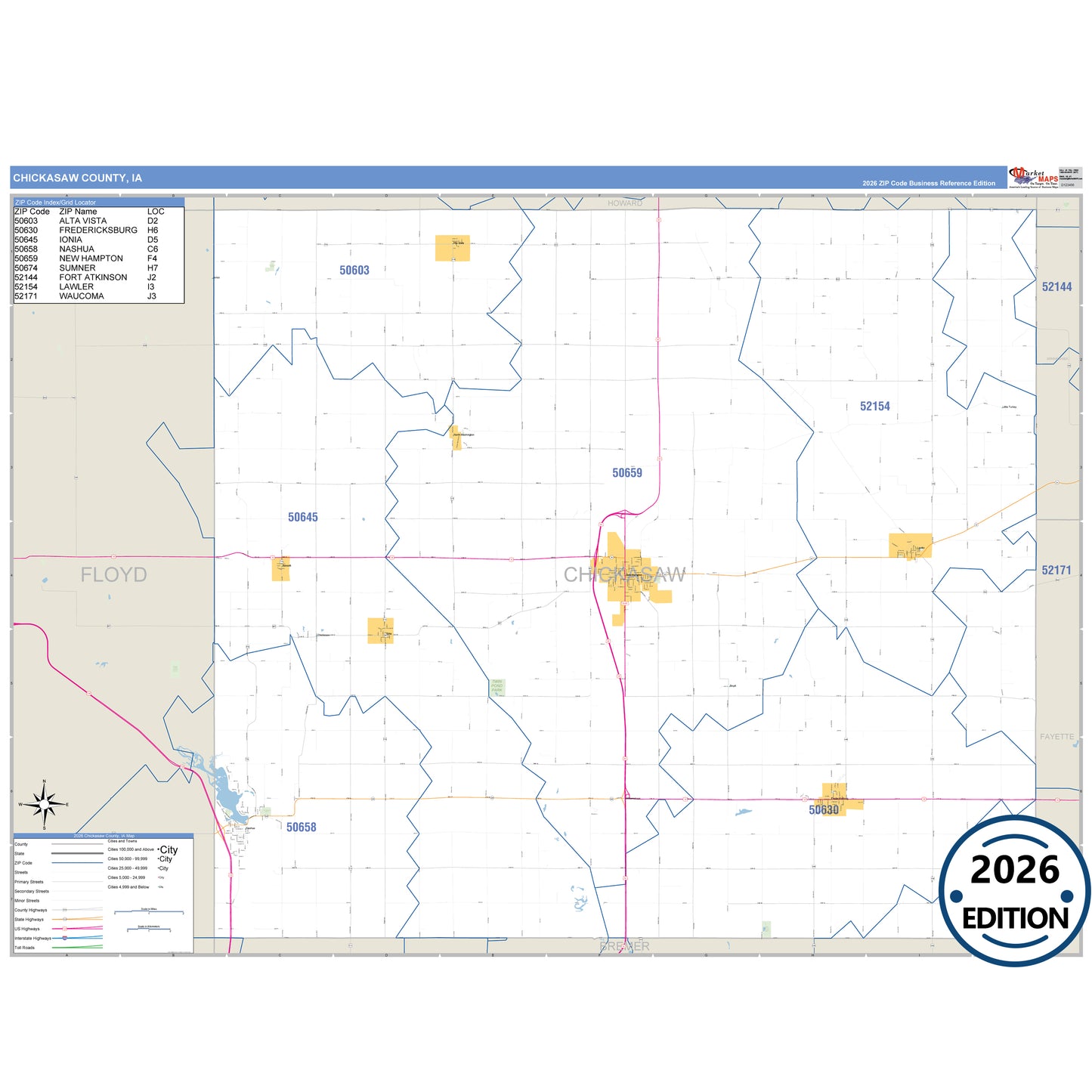 Chickasaw County, IA Business Reference 5 Digit ZIP Code Wall Map