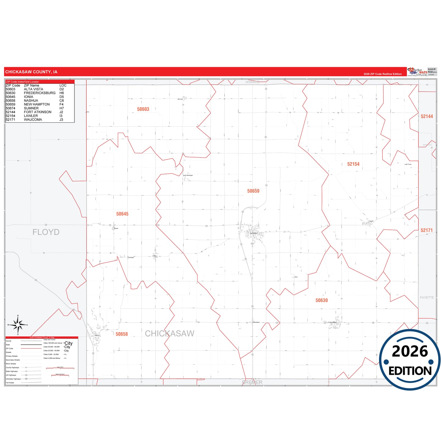 Chickasaw County, IA Red Line 5 Digit ZIP Code Wall Map