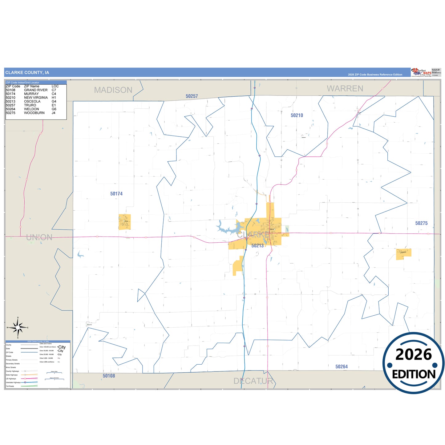 Clarke County, IA Business Reference 5 Digit ZIP Code Wall Map