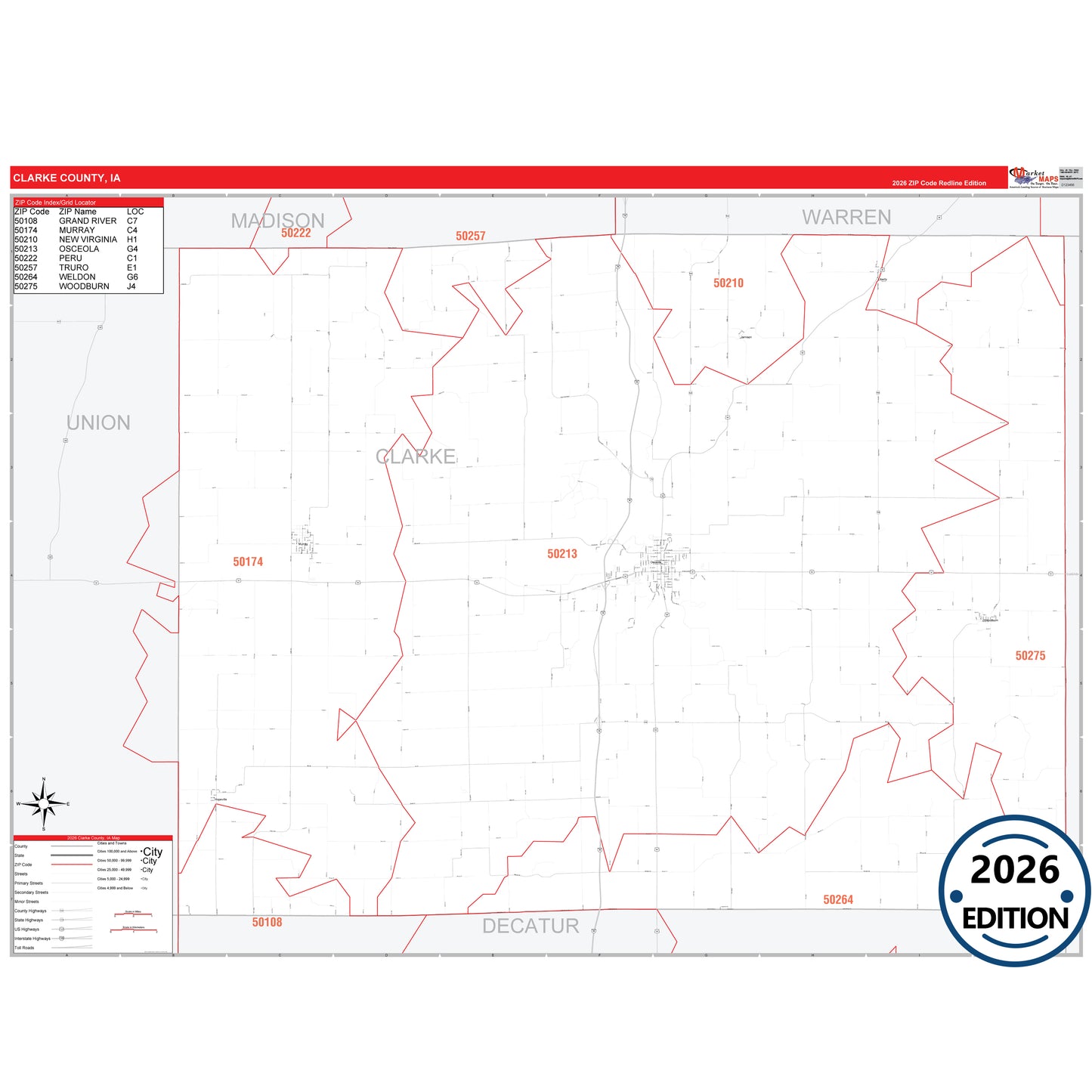 Clarke County, IA Red Line 5 Digit ZIP Code Wall Map