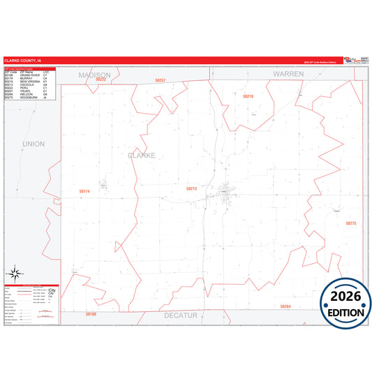 Clarke County, IA Red Line 5 Digit ZIP Code Wall Map