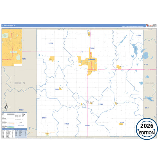 Clay County, IA Business Reference 5 Digit ZIP Code Wall Map