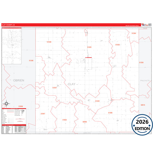 Clay County, IA Red Line 5 Digit ZIP Code Wall Map