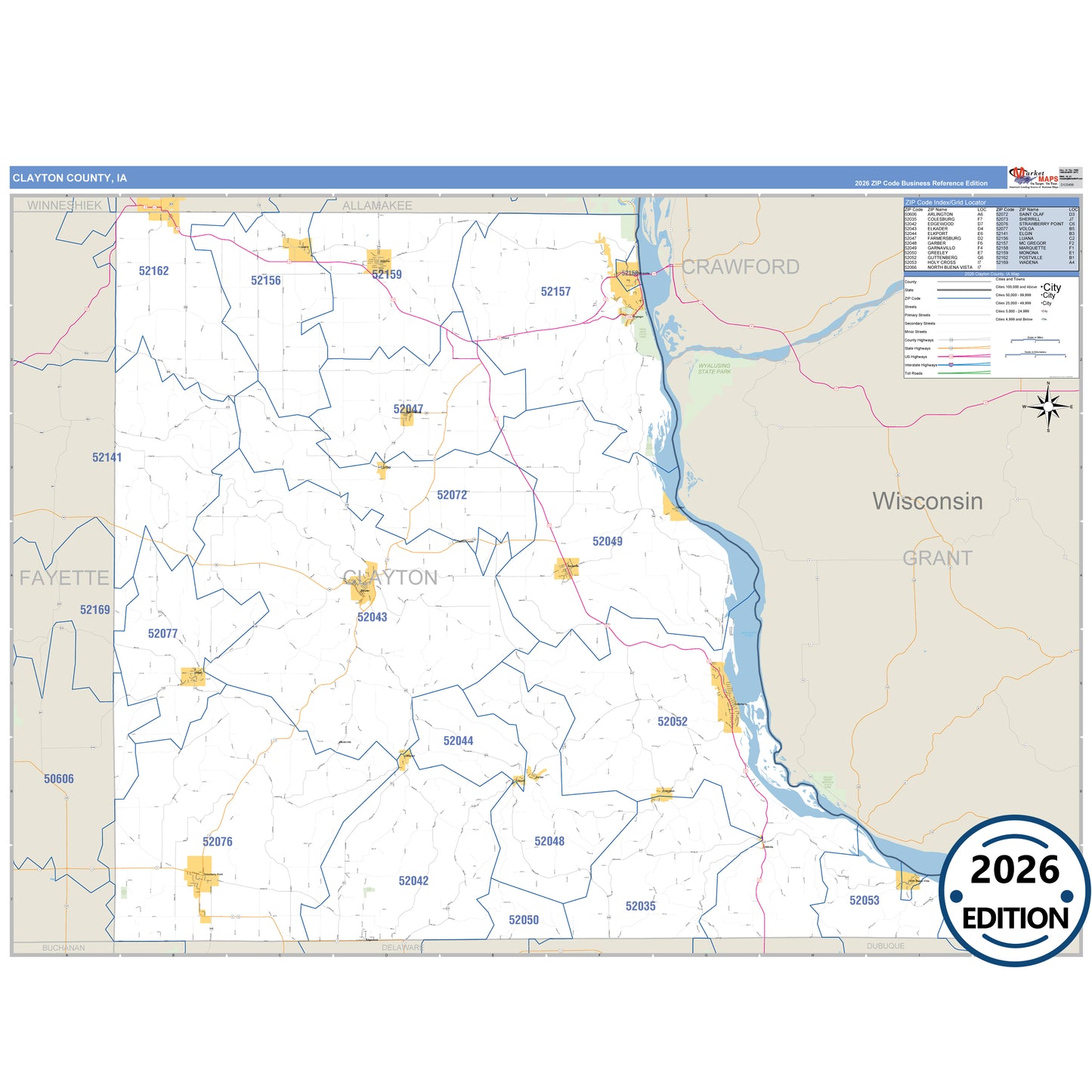Clayton County, IA Business Reference 5 Digit ZIP Code Wall Map