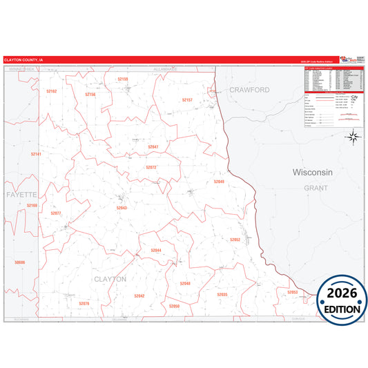 Clayton County, IA Red Line 5 Digit ZIP Code Wall Map