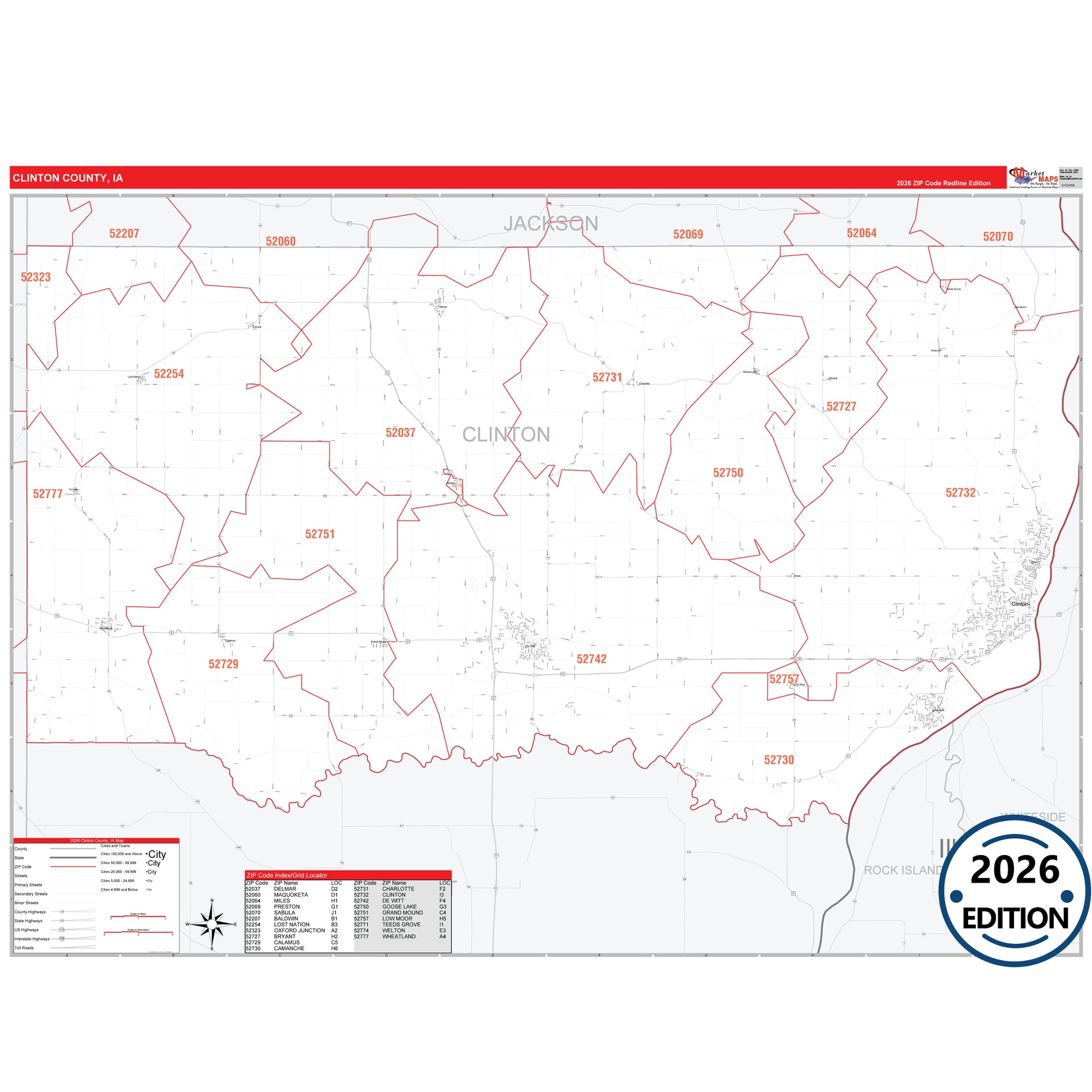 Clinton County, IA Red Line map with detailed roads, cities, and ZIP code boundaries.