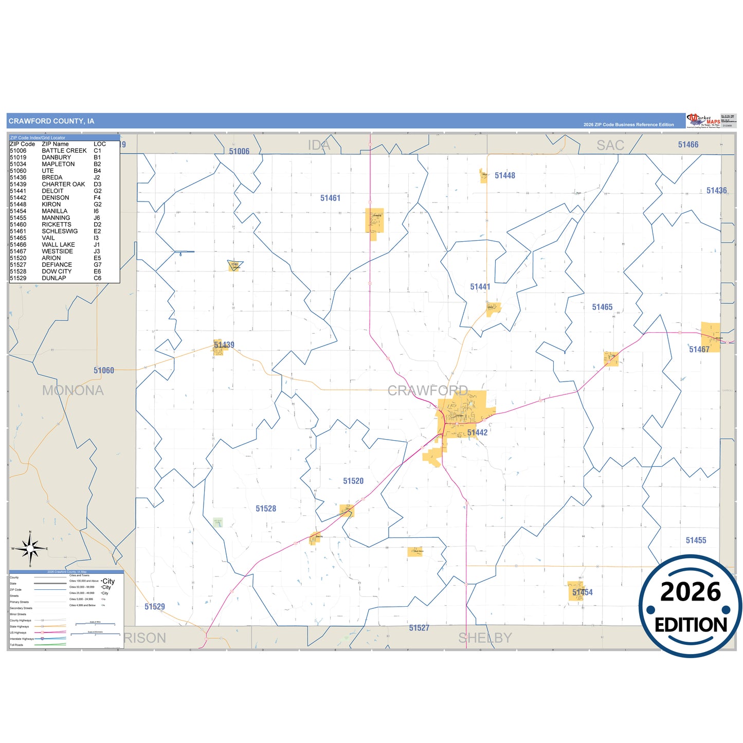 Crawford County, IA Business Reference 5 Digit ZIP Code Wall Map
