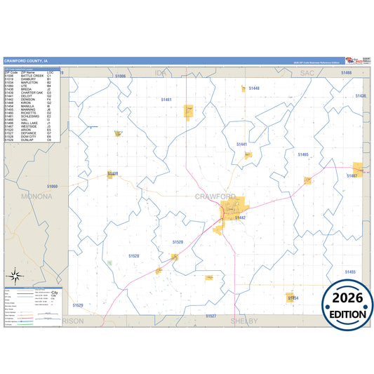 Crawford County, IA Business Reference 5 Digit ZIP Code Wall Map