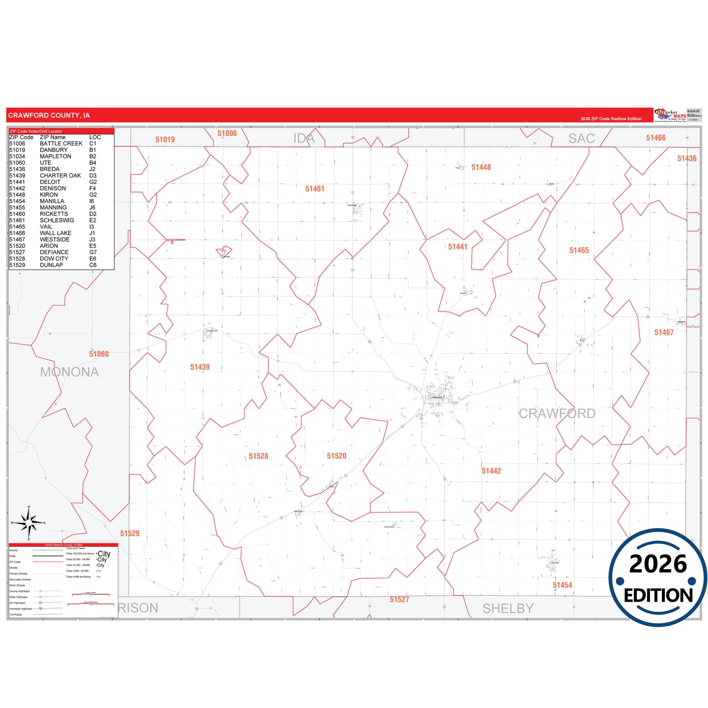 Crawford County, IA Red Line 5 Digit ZIP Code Wall Map