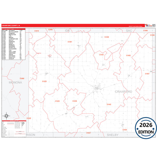 Crawford County, IA Red Line 5 Digit ZIP Code Wall Map