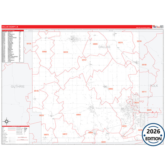 Dallas County, IA Red Line 5 Digit ZIP Code Wall Map