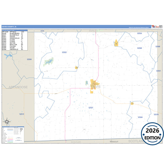 Davis County, IA Business Reference 5 Digit ZIP Code Wall Map